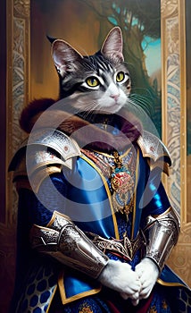 fantasy knight with armor and head in the shape of a cat, generative ai illustration, these depiction is fictitious and generated