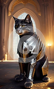 fantasy knight with armor and head in the shape of a cat, generative ai illustration, these depiction is fictitious and generated