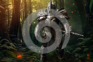 Fantasy knight with old armor in the ancient forest. Generative AI