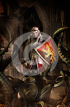 Fantasy knight paladin and dungeon monster photo