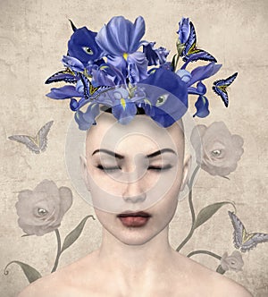 Fantasy lady portrait with purple flowers