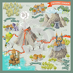 Fantasy land adventure map for cartography with colorful doodle hand draw in illustration photo