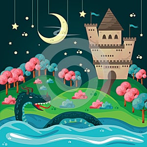 A fantasy land with a dragon, castles, wallpaper background concept.. Vector illustration decorative background design