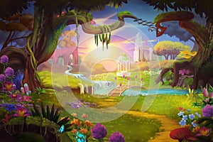 Fantasy land, Grass and Hill, River and Tree with Fantastic, Realistic Style