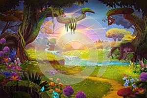 Fantasy land, Grass and Hill, River and Tree with Fantastic, Realistic Style