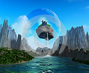 Fantasy landscape, alien Planet with mountains, River and a big Moon, Flying Stone with medieval castle, 3d illustration