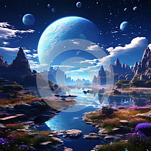 Fantasy landscape with ancient stupas and moon