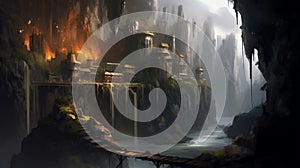 Fantasy City And Cliffside Waterfall In Dark White And Bronze Style With Intense Brushwork photo