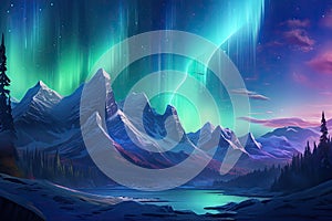 Fantasy landscape with aurora borealis and mountains. Digital illustration, Northern Lights Above Mountains, AI Generated