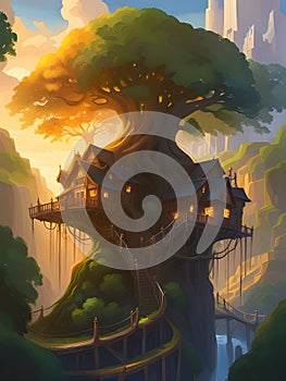 fantasy landscape background design, home on the tree