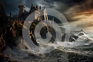 Fantasy landscape of a beautiful castle on the cliff. Dramatic sky, A cliff-top castle overlooking a rough sea under stormy skies