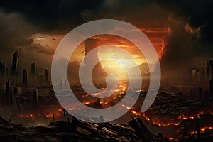 Fantasy landscape with burning city in the night. 3D rendering, World collapse, doomsday scene, digital painting, AI Generated
