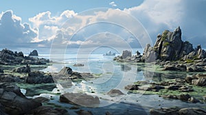 Fantasy Landscape: Calm Seas And Skies With Sharp Boulders And Rocks