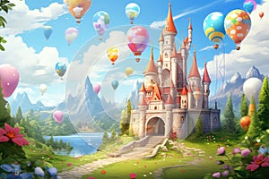 Fantasy landscape with castle and balloons in the sky. 3d rendering, A fairy tale castle with floating balloons and cute cartoon