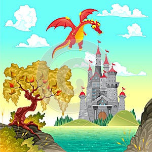 Fantasy landscape with castle and dragon.