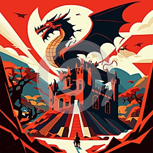 Fantasy landscape with castle, dragon and flying bats. Vector illustration AI Generated