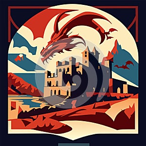 Fantasy landscape with castle and dragon. Vector illustration in flat style AI Generated