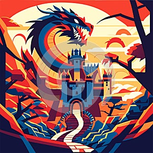 Fantasy landscape with castle and dragon. Vector illustration in flat style AI generated