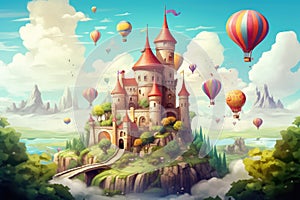 Fantasy landscape with castle and hot air balloons flying in the sky, A fairy tale castle with floating balloons and cute cartoon