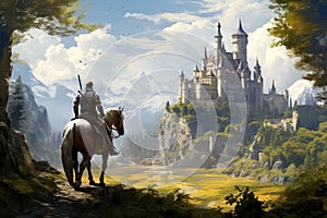 Fantasy landscape with castle and knight on horse, digital painting illustration, AI Generated