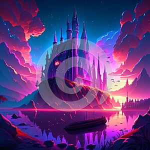 Fantasy landscape with castle on the lake. Vector cartoon illustration in neon style Generative AI