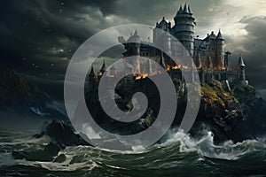 Fantasy landscape with a castle in the sea. 3D rendering, A cliff-top castle overlooking a rough sea under stormy skies, AI