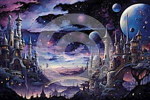 Fantasy landscape with castle in the sky and moon - illustration for children