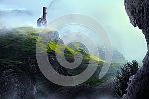 Fantasy Landscape with castle view and foogy mountain