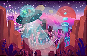 Fantasy landscape with a cave magical plants and mushrooms. Illustration of space with a flying saucer. Background for games and