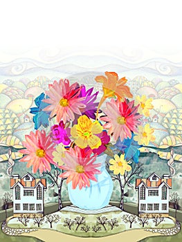 Fantasy landscape with country houses and big vase with beautiful flowers on the background of hills. Seamless pattern.