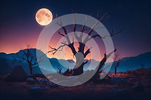 Fantasy landscape with dead tree and full moon in the night