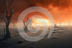 Fantasy landscape with dead trees in the desert, Generated AI