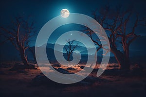 Fantasy landscape with dead trees and the full moon in the night