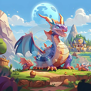 Fantasy landscape with dragon and castle. Cartoon vector illustration for children