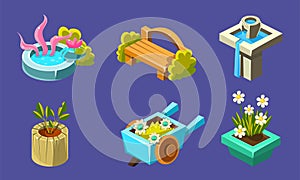 Fantasy Landscape Elements Set, Well, Bench, Waterfall, Flowerbed, Wheelbarrow, User Interface Assets for Mobile App or photo