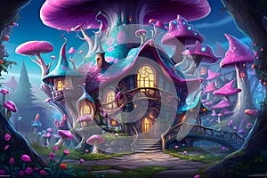 Fantasy landscape with fairy tale house and magic forest - illustration for children