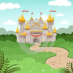 Fantasy landscape with fairytale castle. Vector illustration in cartoon style