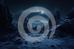 Fantasy landscape with fantasy alien planet and full moon. 3d rendering, minimalist photography, ice ruins, intricate, night, high