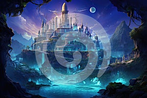 Fantasy landscape with fantasy castle and moon. 3D illustration. A thriving hidden oceanic civilization with enchanting