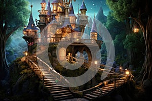 Fantasy landscape with fantasy castle and wooden stairs. 3D rendering, fairytale castle where the fairies and goblins live