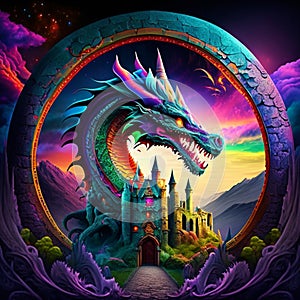 Fantasy landscape with fantasy dragon and castle. 3d illustration. Generative AI