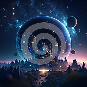 Fantasy landscape with fantasy planet, moon and starry sky. Vector illustration generative AI