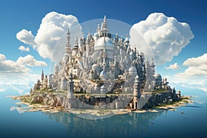 Fantasy landscape with a fantasy temple on the water. 3d rendering, world domination, AI Generated
