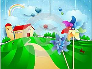 Fantasy landscape with farm, pinwheels and hanging clouds