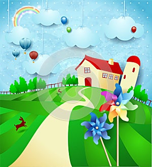 Fantasy landscape with farm, pinwheels and hanging clouds