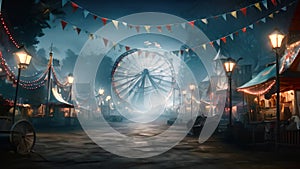 Fantasy landscape with ferris wheel at night. 3D rendering, An eerie scene of a deserted carnival at midnigh, AI Generated