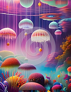 Fantasy landscape with flowers, flying jellies, insects and raindrops.