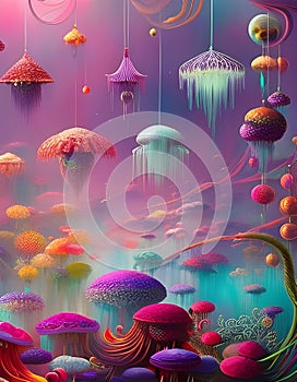 Fantasy landscape with flowers, flying jellies, insects and raindrops.