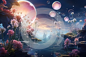 Fantasy landscape with flowers in the water and planet in the sky, AI Generated