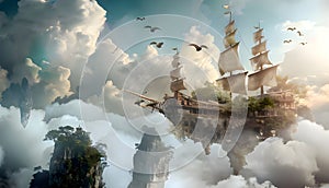 Fantasy landscape with flying ship